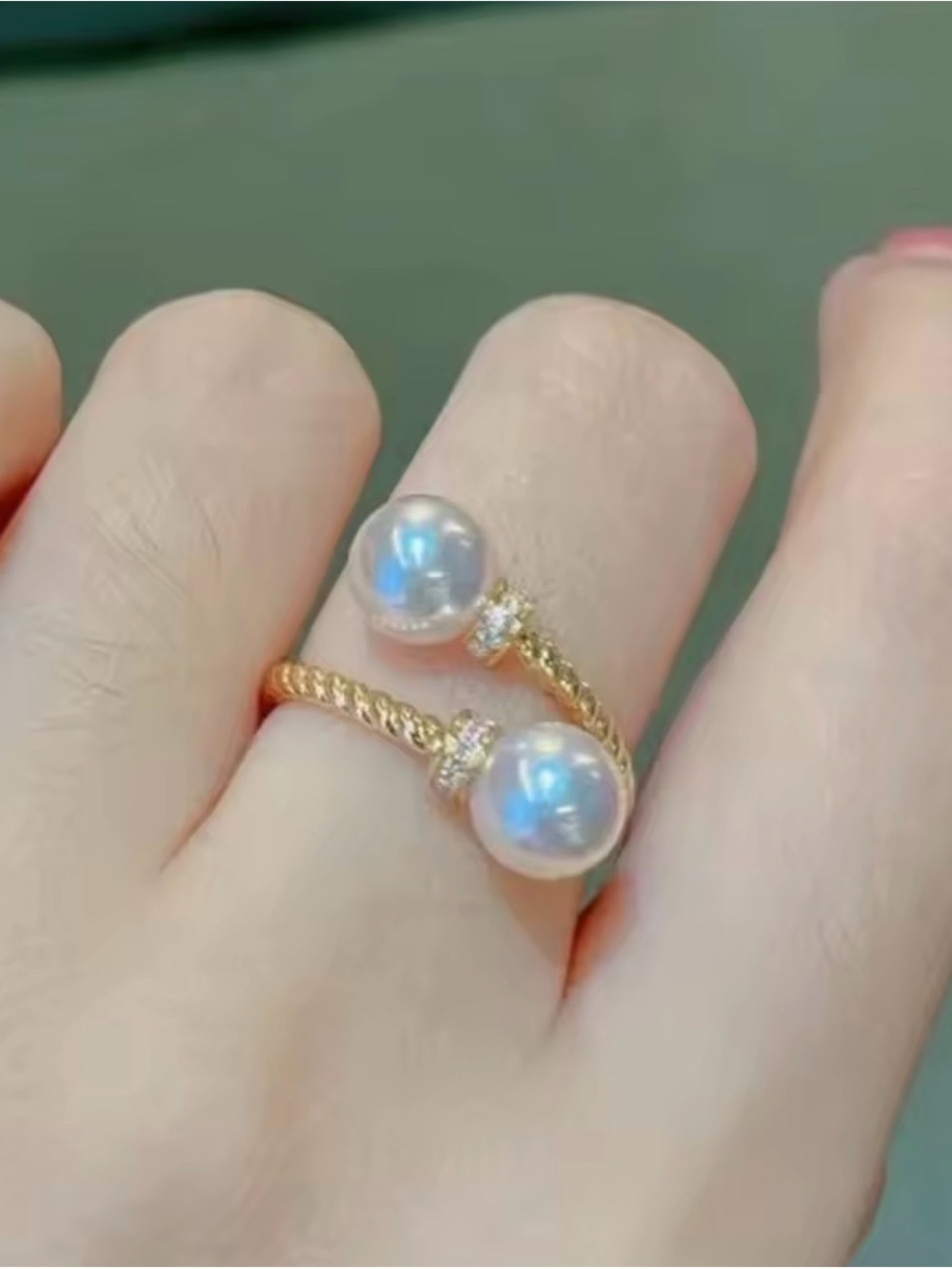 Gold Pearl Twist Open Ring - White Pearls Wedding Ring